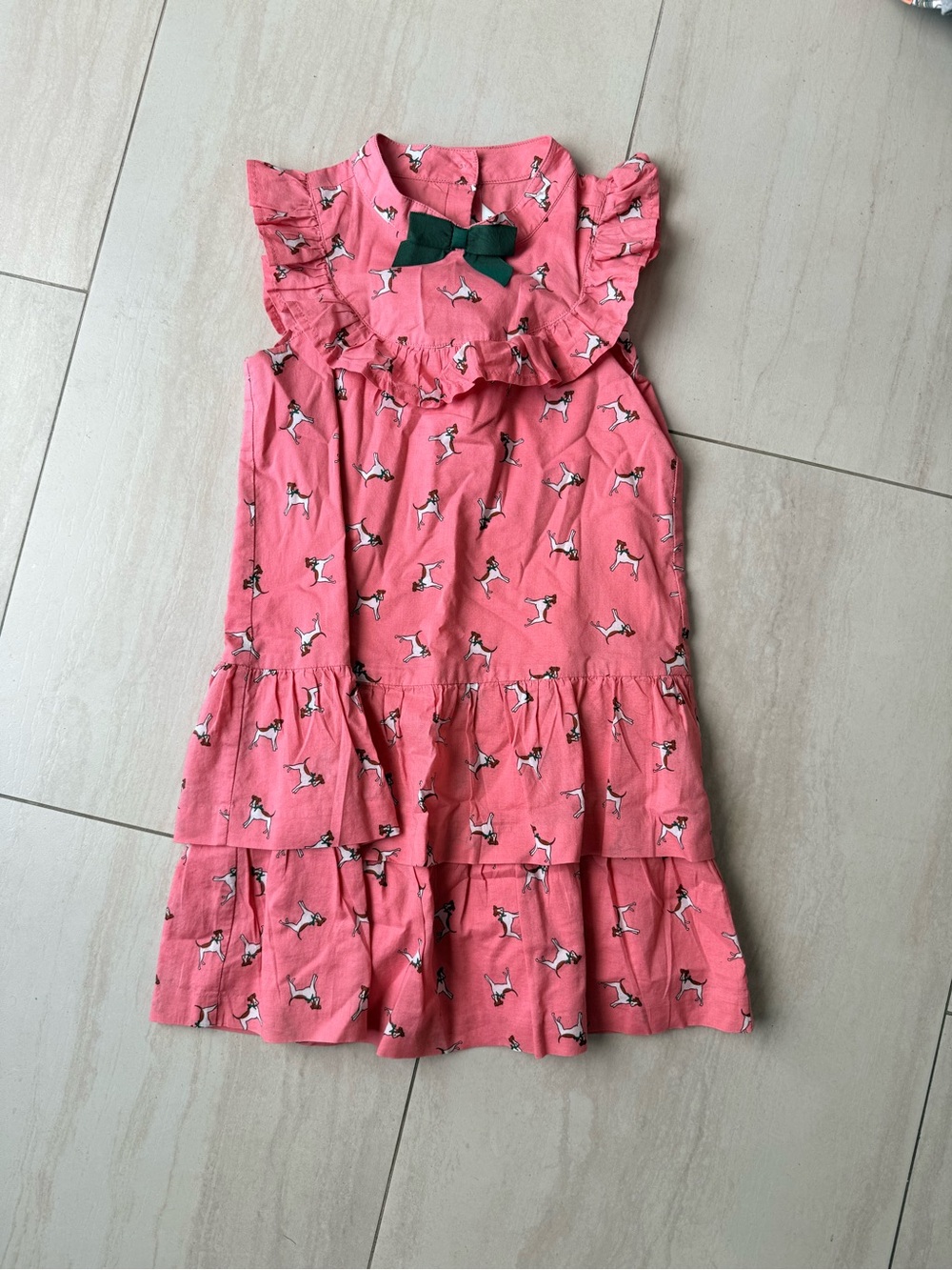 Janie and Jack Pink Ruffle Dog-Print Dress with Green Bow